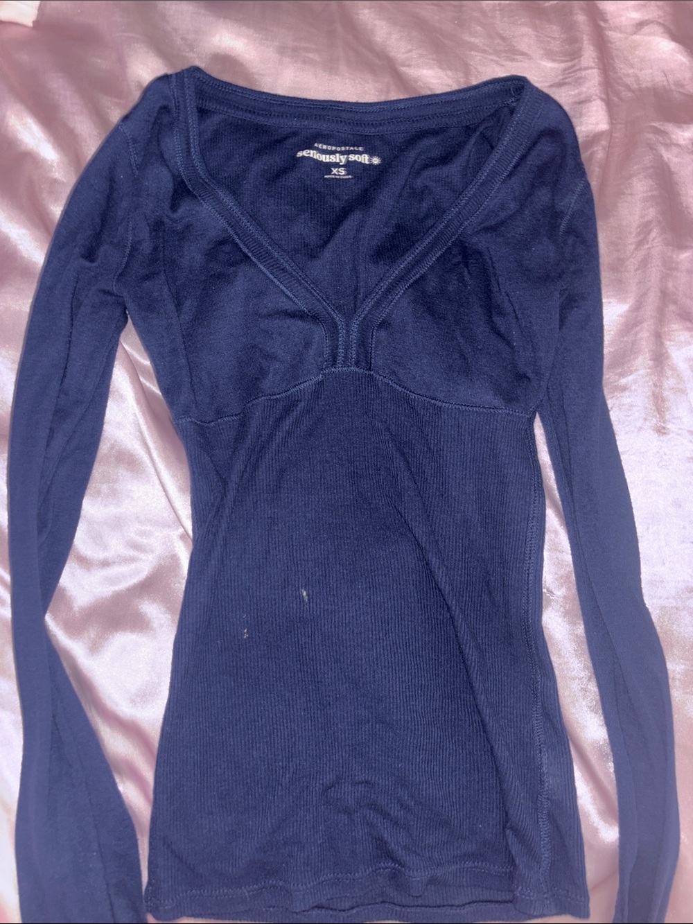 Aeropostale Dark Navy Ribbed V-Neck Long Sleeve Top